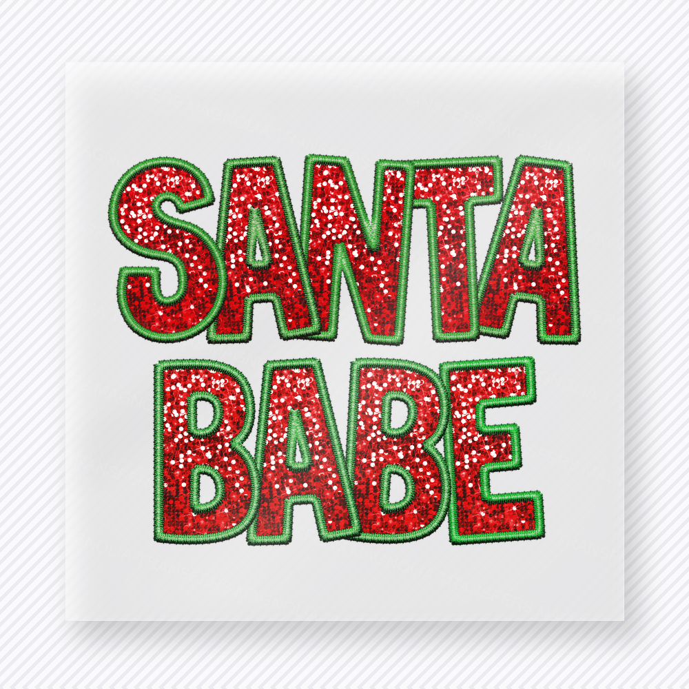 Santa Babe Christmas DTF transfer featuring a red and green Santa babe design with festive patterned lettering