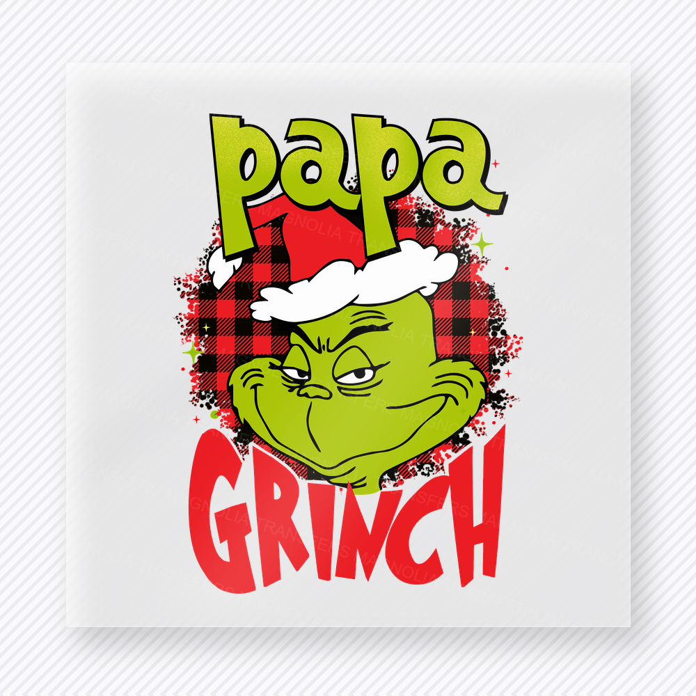Papa Grinch Christmas DTF transfer featuring a character-inspired papa Grinch design with red plaid and bold lettering