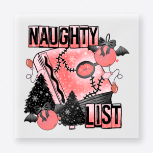 Naughty List Bat Trees Christmas DTF transfer featuring a naughty list Christmas design with bat wings, black trees, and pink holiday accents