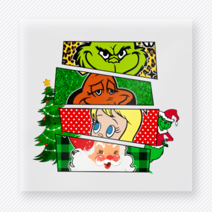 Christmas Character Stack Christmas DTF transfer featuring a stacked Christmas character design with green, orange, blue, and Santa-inspired faces