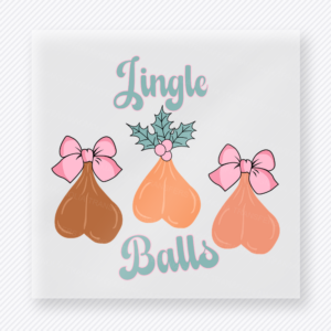 Jingle Balls Christmas DTF transfer featuring a playful jingle balls design with pastel ornament shapes and bow accents