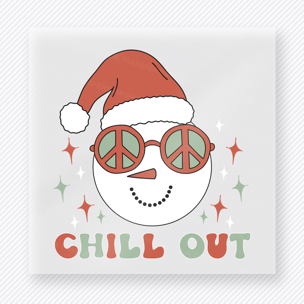 Chill Out Snowman Christmas DTF transfer featuring a retro chill out snowman design with Santa hat, peace glasses, and pastel lettering