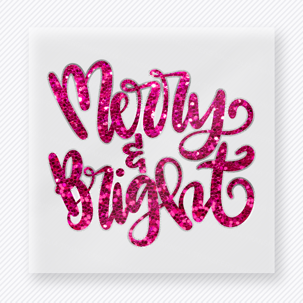 Merry And Bright Pink Glitter Christmas DTF Transfers