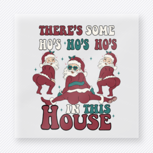 Some Ho's In This House Christmas DTF transfer featuring a funny Christmas design with three holiday characters and some ho's in this house lettering