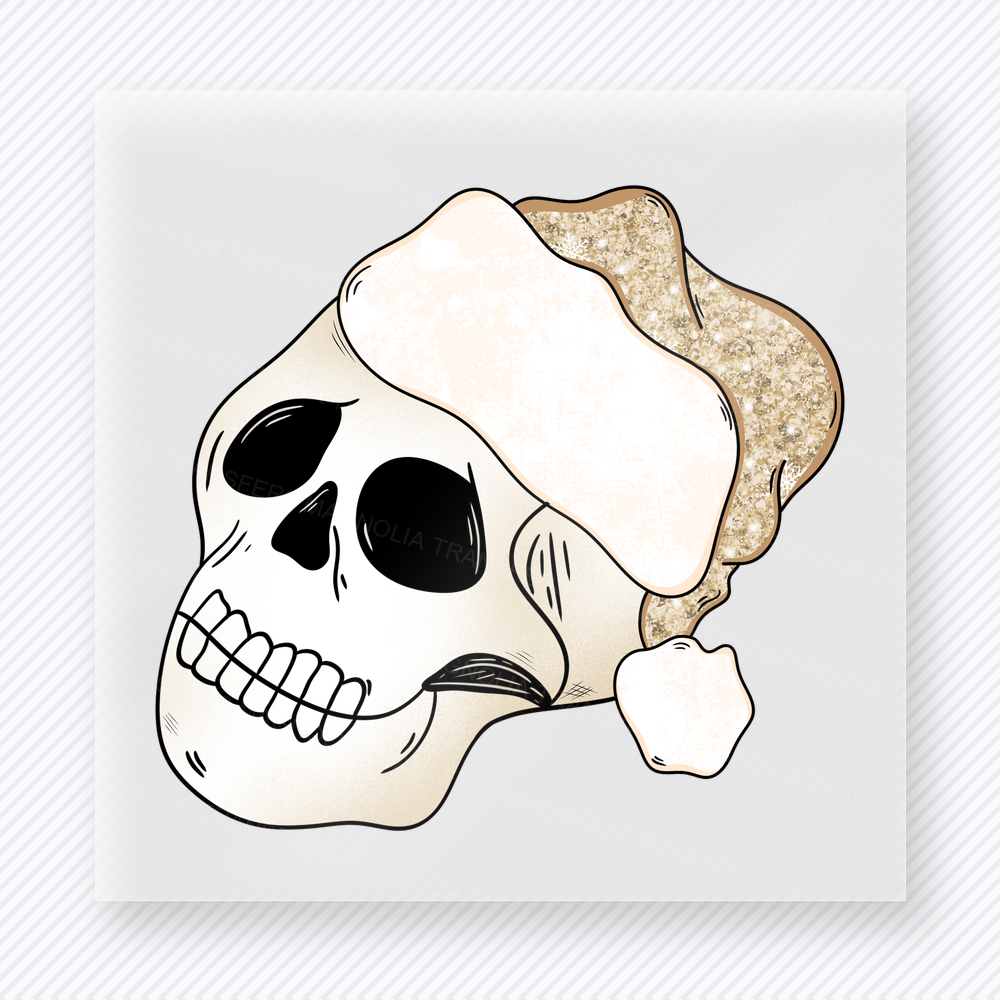 Santa Hat Skull Crescent Moon Christmas DTF transfer featuring a skull wearing a Santa hat with crescent moon and neutral holiday tones