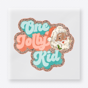 One Jolly Kid Christmas DTF transfer featuring a retro one jolly kid design with Santa portrait and pastel lettering