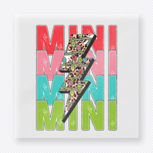 Mini Lightning Christmas DTF transfer featuring a bright mini lightning bolt design with pink, teal, and green stacked lettering