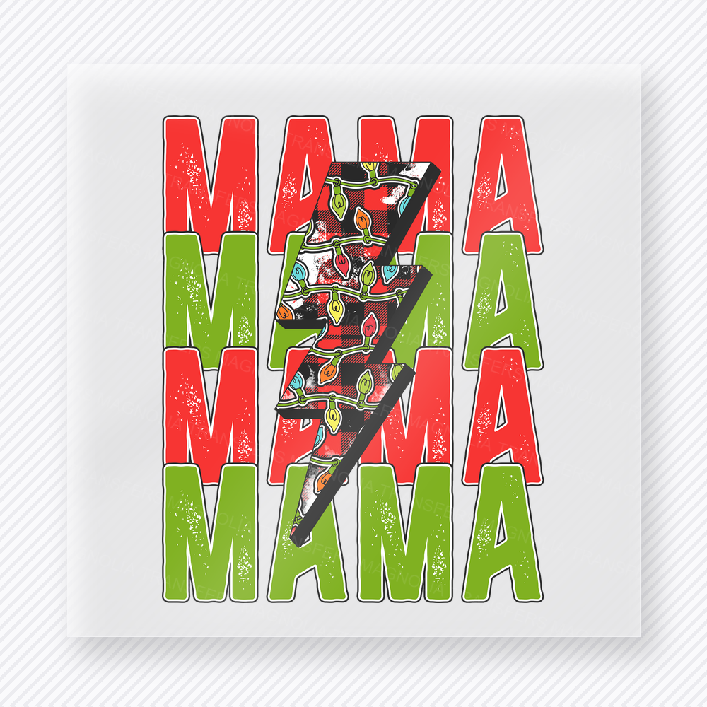 Mama Lightning Red Green Christmas DTF transfer featuring a red and green mama lightning bolt design with character collage fill
