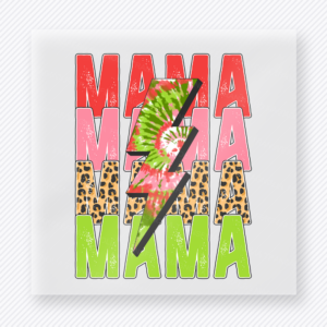Mama Lightning Leopard Christmas DTF transfer featuring a mama lightning bolt design with leopard print and bright Christmas colors