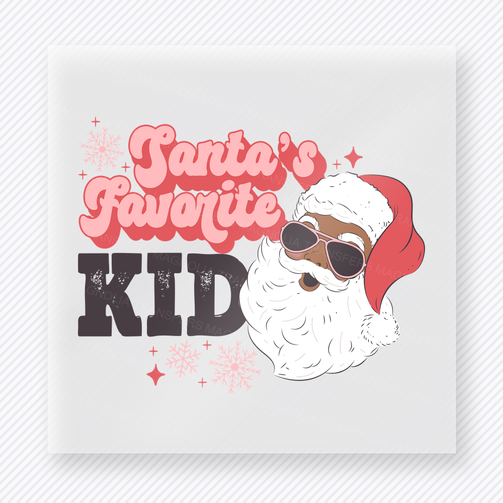 Santa's Favorite Kid Coral Christmas DTF transfer featuring a Santa's favorite kid design with coral lettering and holiday splatter accents