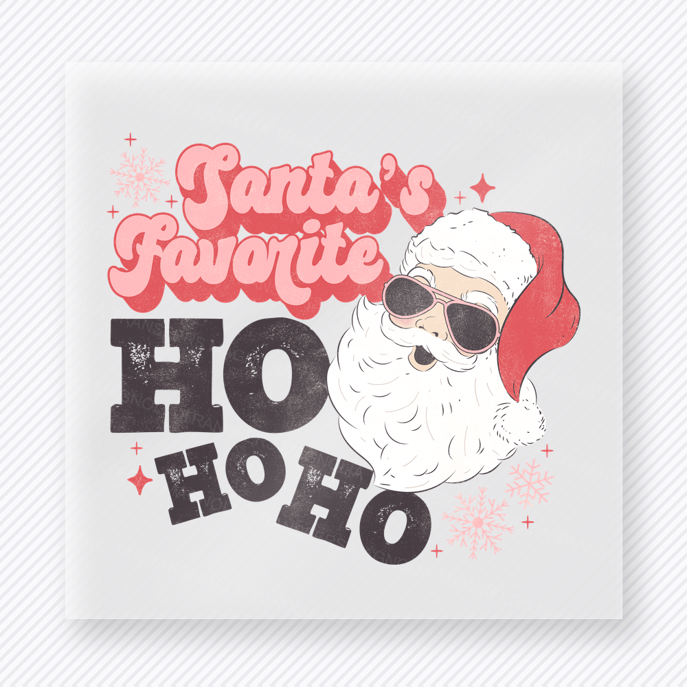 Santa's Favorite Ho Ho Ho Christmas DTF transfer featuring a playful Santa's favorite ho ho ho design with Santa portrait and pink accents