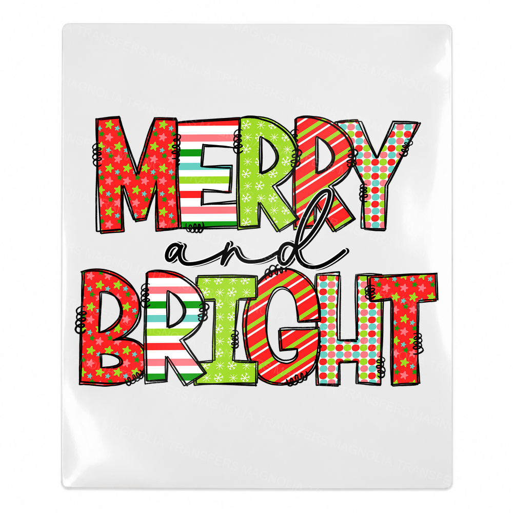 Merry And Bright plaid lettering with Christmas lights UV Transfer