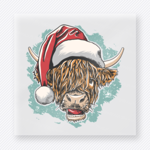 Santa Hat Highland Cow Christmas DTF transfer featuring a highland cow wearing a Santa hat with teal watercolor background