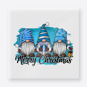 Blue Gnome Merry Christmas Christmas DTF transfer featuring a blue gnome merry Christmas design with three winter gnomes and snowy background