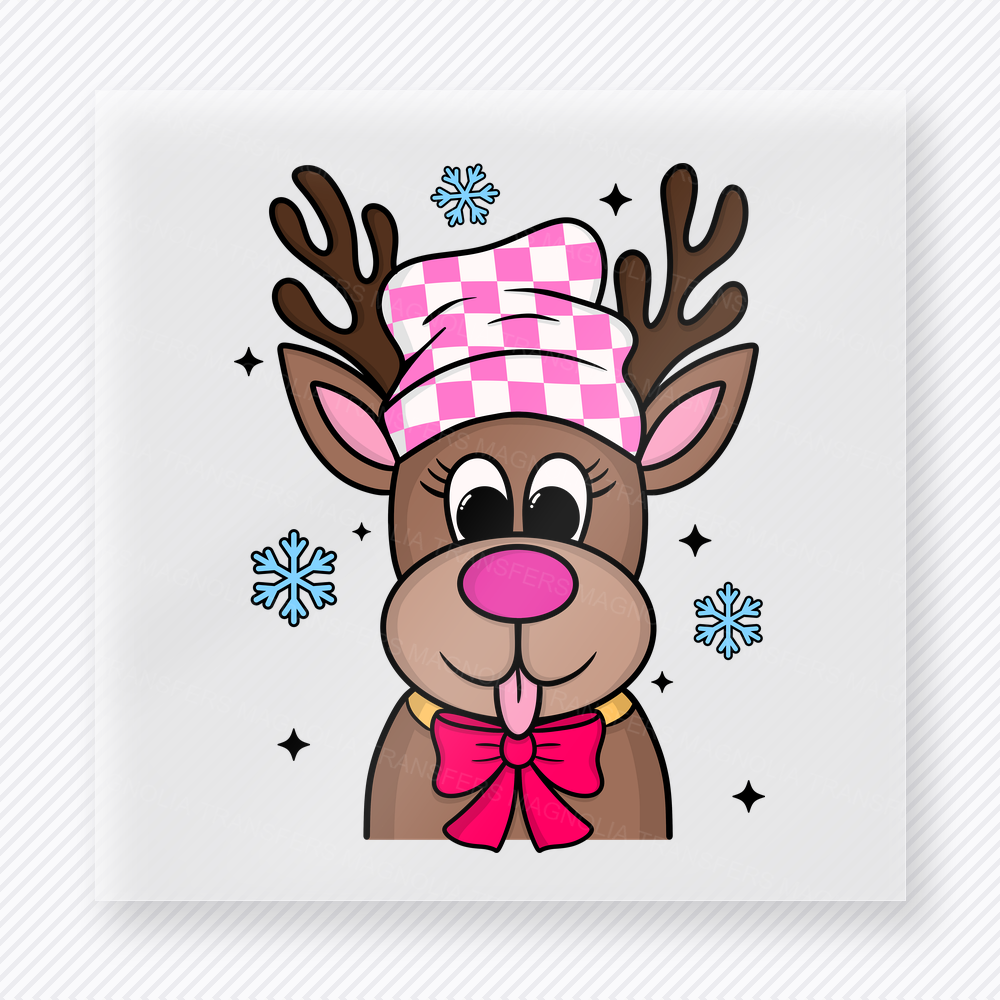 Reindeer Face Pink Plaid Bow Christmas DTF Transfers
