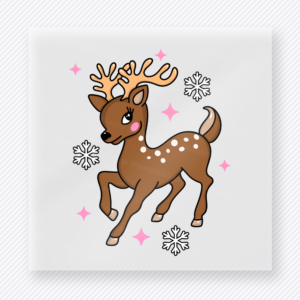 Cute Reindeer Christmas DTF transfer featuring a cute reindeer design with snowflakes and soft pink stars