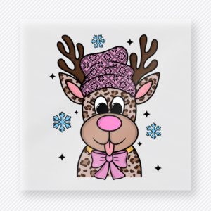 Cute Reindeer Purple Bandana Christmas DTF transfer featuring cute reindeer face with purple bandana bow and snowflake accents