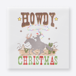Howdy Christmas Rodeo Christmas DTF transfer featuring western Christmas rodeo design with bucking bull and cowboy lettering