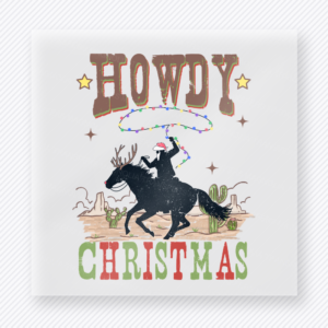 Howdy Christmas Rodeo Christmas DTF transfer featuring western Christmas design with rodeo rider and pastel holiday lettering