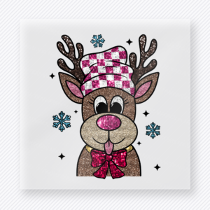Cute Reindeer Pink Checker Bandana Christmas DTF transfer featuring cute reindeer face with pink checker bandana and bow