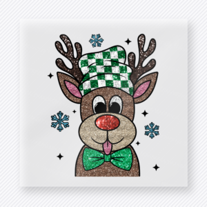 Cute Reindeer Green Checker Bandana Christmas DTF transfer featuring cute reindeer face with green checker bandana and bow