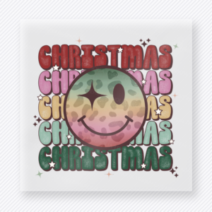 Christmas Smiley Stack Christmas DTF transfer featuring stacked Christmas typography with oversized retro smiley face