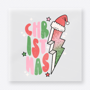 Christmas Lightning Bolt Pastel Christmas DTF transfer featuring pastel Christmas lightning bolt design with Santa hat and star accents
