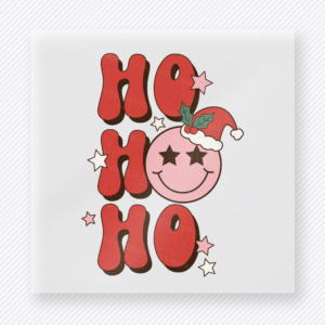 Ho Ho Ho Smiley Santa Hat Christmas DTF transfer featuring pink ho ho ho Christmas smiley face with Santa hat