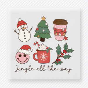 Jingle All The Way Icons Christmas DTF transfer featuring cute Christmas icons with snowman tree cocoa Santa and jingle all the way wording