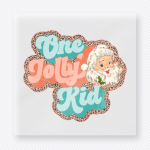 One Jolly Kid Christmas DTF transfer featuring pastel one jolly kid Christmas design with Santa face