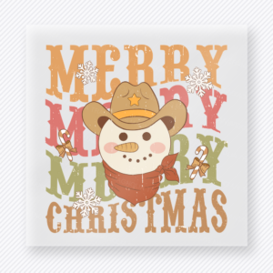 Merry Merry Merry Christmas Cowboy Christmas DTF transfer featuring western merry Christmas cowboy snowman design
