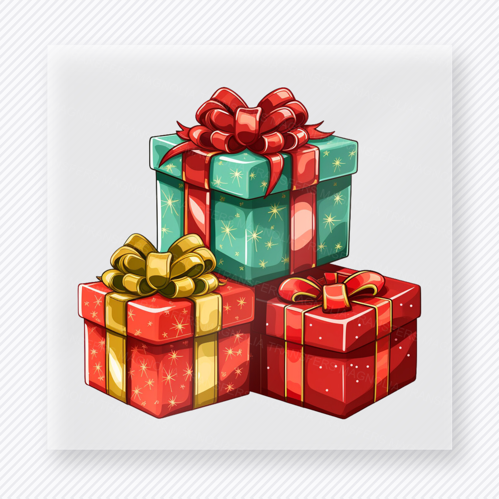 Stacked Christmas Gifts Christmas DTF transfer featuring bright stacked wrapped Christmas presents with bows