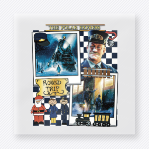 Polar Express Round Trip Christmas DTF transfer featuring Christmas train ticket collage design with round trip wording