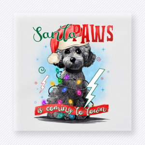 Santa Paws Gray Dog Christmas DTF transfer featuring Santa Paws gray dog Christmas design wrapped in lights