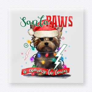 Santa Paws Yorkie Christmas DTF transfer featuring Santa Paws Yorkie Christmas design with lights