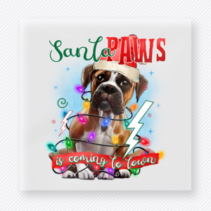 Santa Paws Boxer Christmas DTF transfer featuring Santa Paws boxer Christmas design with lights