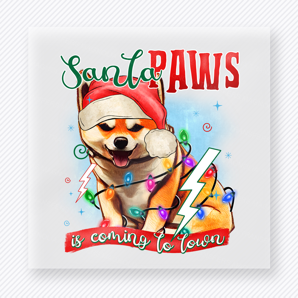 Santa Paws Golden Dog Christmas DTF transfer featuring Santa Paws golden dog Christmas design with Santa hat and lights