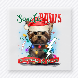 Santa Paws Yorkie Christmas DTF transfer featuring Santa Paws Yorkie Christmas design wrapped in lights