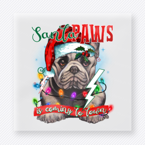 Santa Paws Bulldog Christmas DTF transfer featuring Santa Paws bulldog Christmas design wrapped in lights