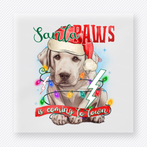 Santa Paws Yellow Lab Christmas DTF transfer featuring Santa Paws yellow lab dog Christmas design wrapped in lights