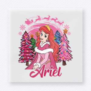 Christmas Ariel Pink Winter Trees Mouse House DTF transfer featuring Ariel in a pink winter scene with Christmas trees, snowflakes, and matching script lettering
