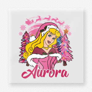 Christmas Aurora Pink Winter Trees Mouse House DTF transfer featuring Aurora in a Santa hat with pink Christmas trees, snowflakes, and princess styling