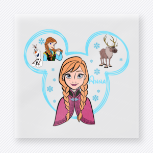 Anna Mouse Ears Portrait Mouse House DTF transfer featuring Anna inside blue mouse ears with snowman, reindeer, and frozen winter character details