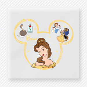 Belle Mouse Ears Portrait Mouse House DTF transfer featuring Belle inside yellow mouse ears with enchanted rose, teacup, book, and storybook character details
