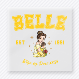 Belle Princess Varsity Mouse House DTF transfer featuring Belle princess artwork with bold yellow varsity lettering, established year details, and princess text