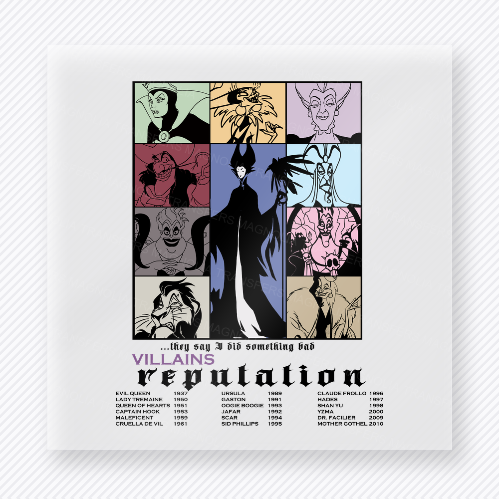 Villains Reputation Poster Mouse House DTF transfer featuring a colorful villains collage with vintage poster styling, dark character silhouettes, and reputation text