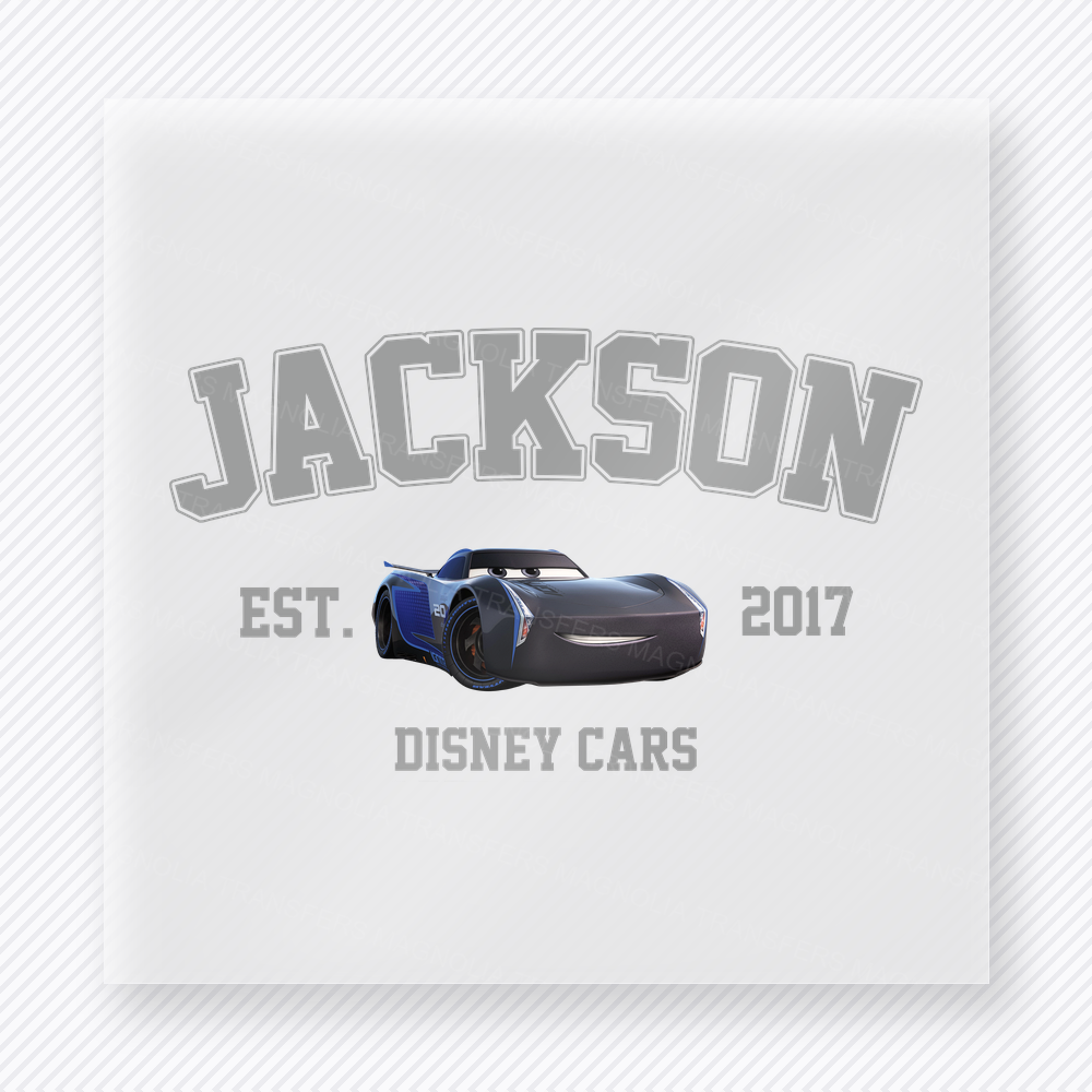 Jackson Storm Cars Varsity Mouse House DTF transfer featuring Jackson Storm race car artwork with gray varsity lettering, established year details, and cars inspired text