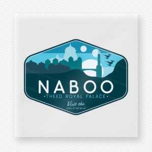 Naboo Theed Royal Palace Mouse House DTF transfer featuring a retro Naboo badge with royal palace silhouette, blue landscape artwork, and galactic travel styling
