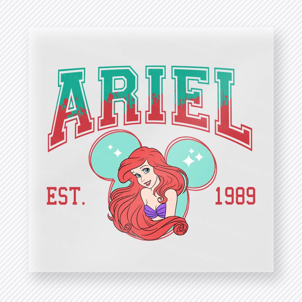 Ariel Mouse Ears Varsity Mouse House DTF transfer featuring Ariel princess artwork with teal mouse ears, red varsity lettering, and established year details