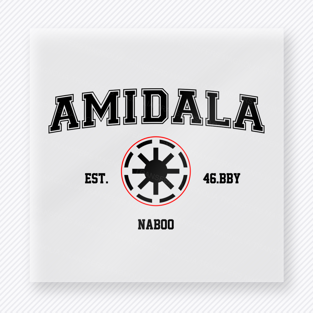 Amidala Naboo Varsity Mouse House DTF transfer featuring Amidala varsity lettering with Naboo text, galactic emblem artwork, and established date details